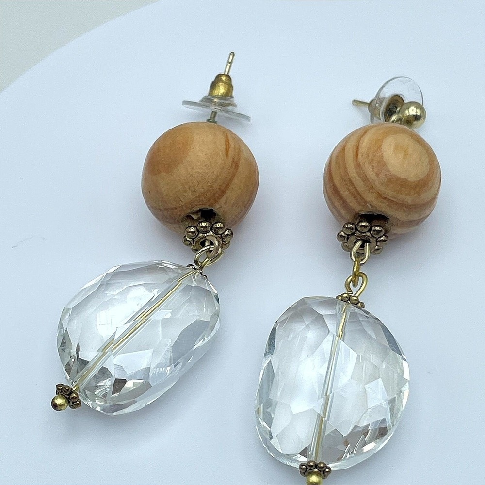 Y2K Fashion Eclectic Gold-Tone Wooden & Faceted Glass Beads Drop Dangle Earrings